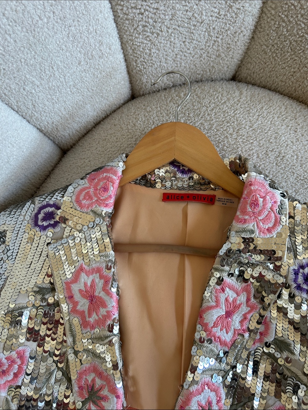 Alice + Olivia Silver Sequin Blazer with Pink, Purple & Orange Floral Embroidery - Picture 4 of 5